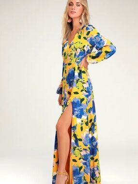 The Lulus Carolita Yellow Floral Print Long Sleeve Maxi Luxe Resort Dress